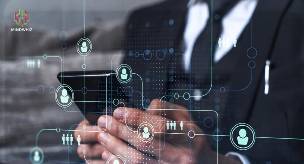 A businessman in a suit interacting with a digital network of connected human icons, symbolizing workforce management, recruitment, or digital transformation.