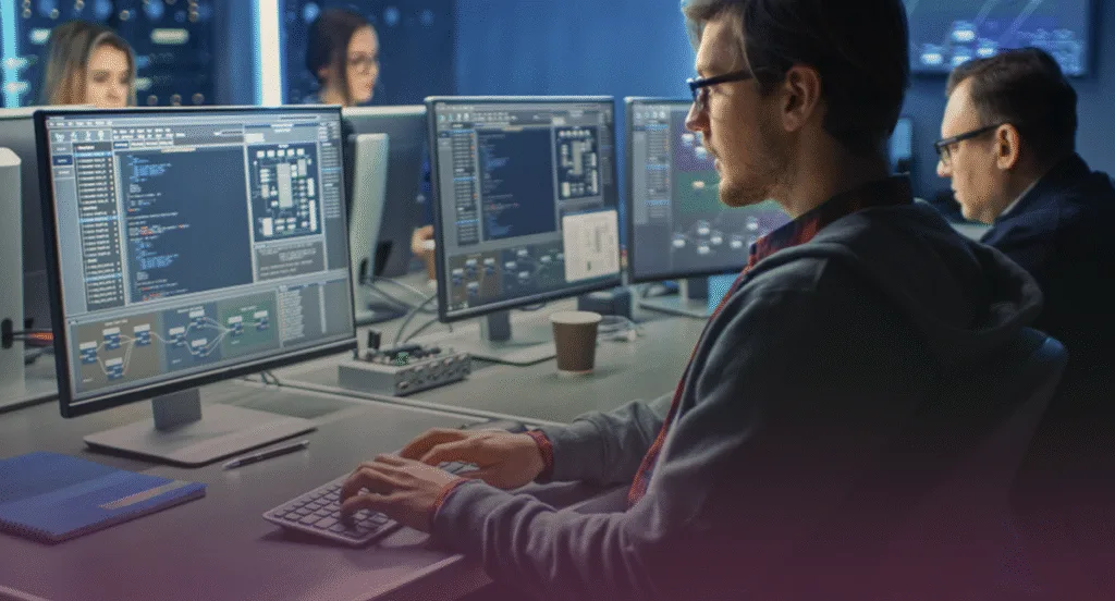 Cybersecurity team monitoring threats in a control room.