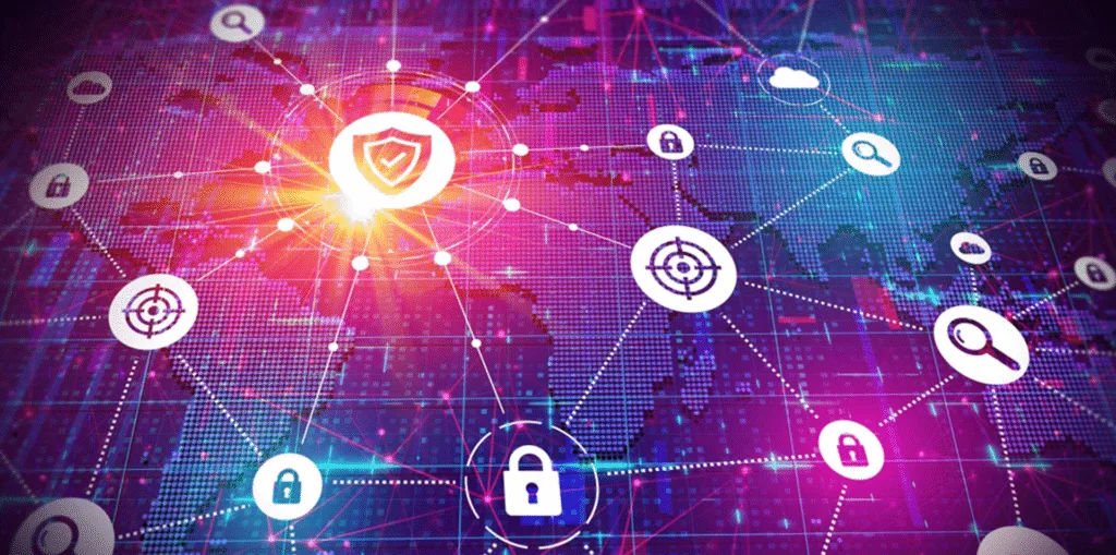 Digital cybersecurity network with security icons representing threat monitoring, data protection, and incident response.