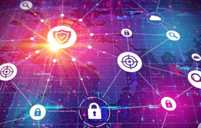 Digital cybersecurity network with security icons representing threat monitoring, data protection, and incident response.