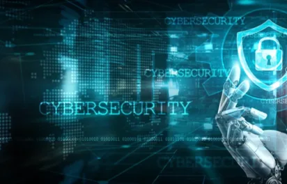 Robotic hand and digital shield symbolizing cybersecurity staffing and advanced threat protection