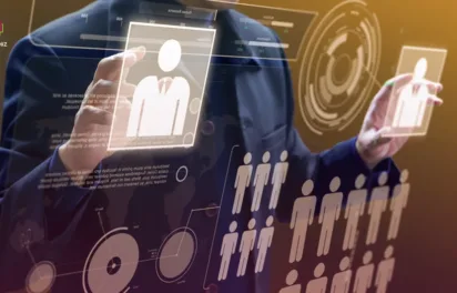 Businessman interacting with virtual staffing interface representing staff augmentation and workforce optimization.
