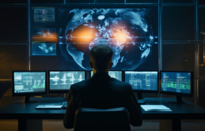 NOC and SOC monitoring dashboard showing network operations, cybersecurity alerts, and business IT infrastructure management.