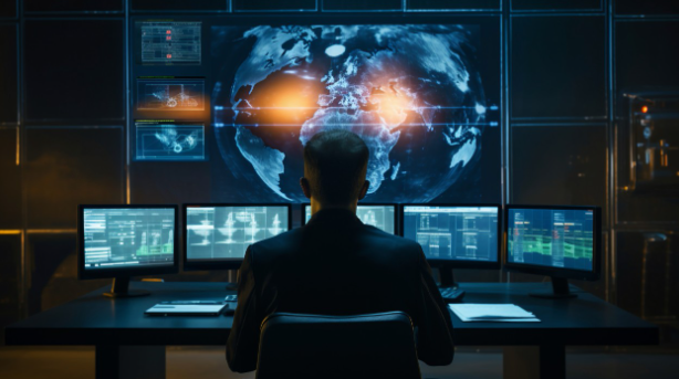 NOC and SOC monitoring dashboard showing network operations, cybersecurity alerts, and business IT infrastructure management.